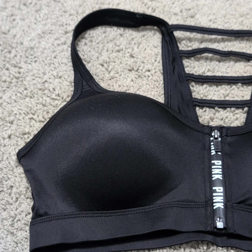 Victoria's Secret PINK Sports Bra Ladder Back Front Zip Black Size Medium - Picture 2 of 10